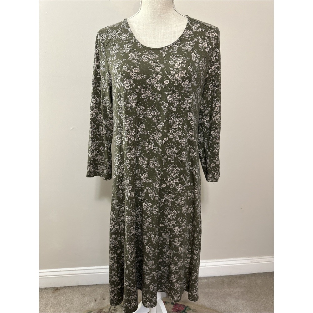 Garnet Hill Olive Green Floral 3/4 Sleeve Tunic‎ Swing Dress Size Medium
